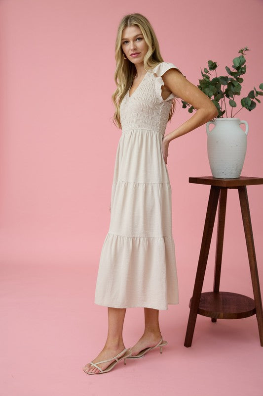 Khaki Flutter Cap Midi Dress