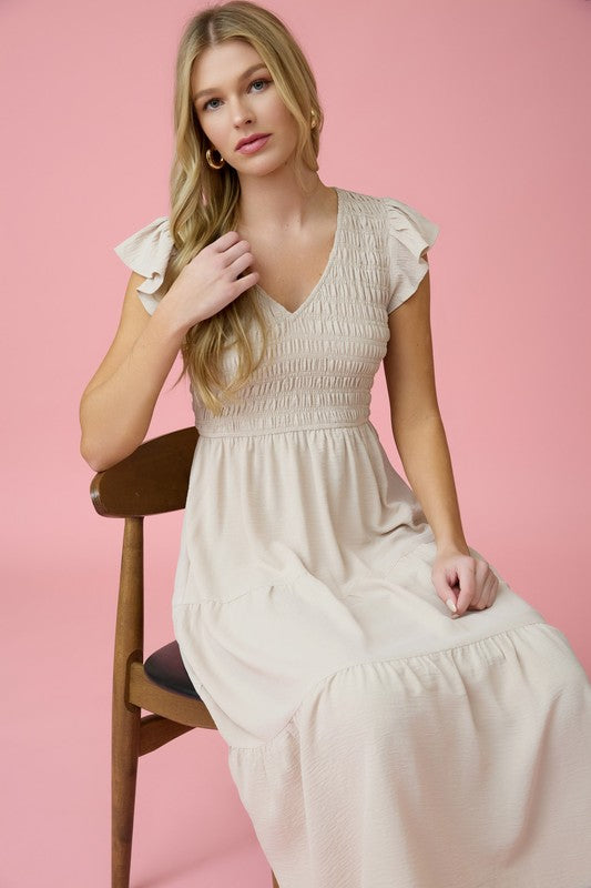 Khaki Flutter Cap Midi Dress