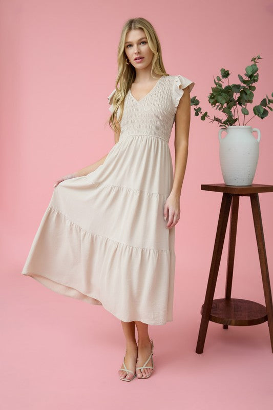 Khaki Flutter Cap Midi Dress