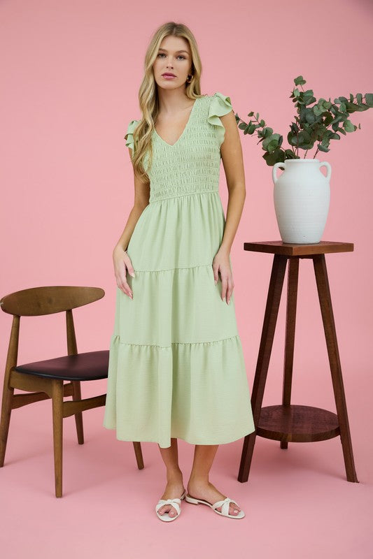 Khaki Flutter Cap Midi Dress