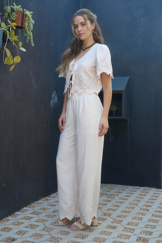Natural Eyelet Wide Pants