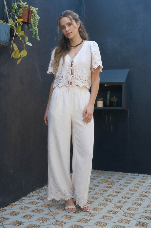 Natural Eyelet Wide Pants