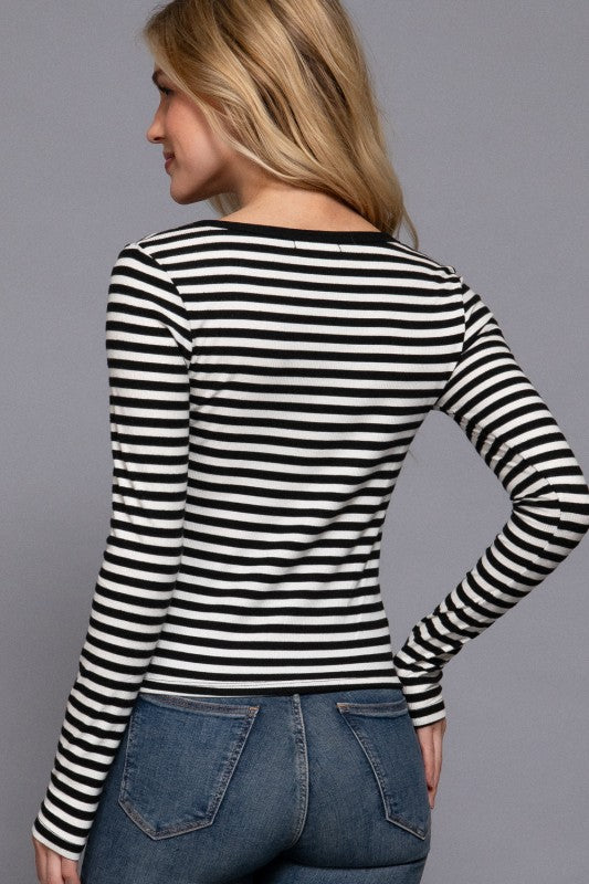 Scoop Stripe Button Top