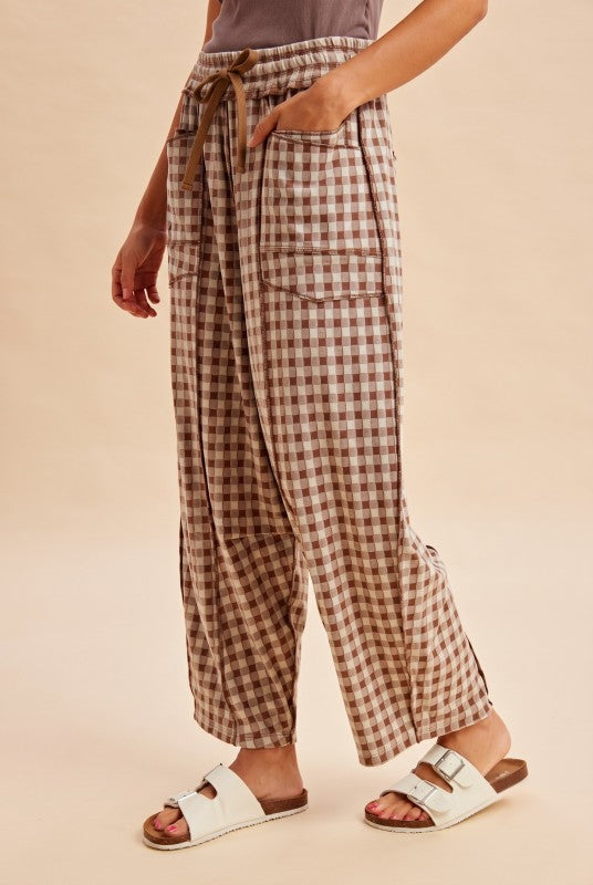 Brown Check Barrel Pants