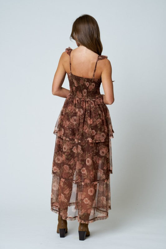 Brown Floral Tiered Dress