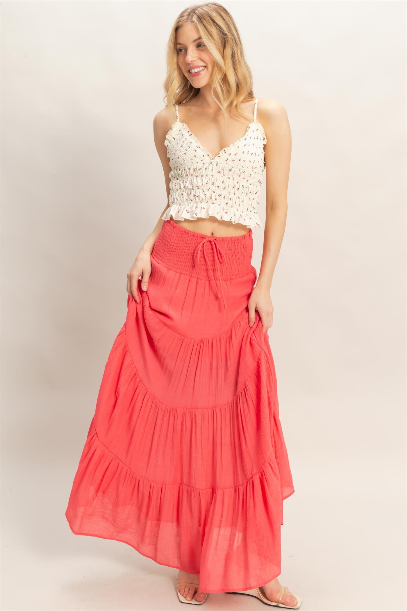Cream Red Floral Crop