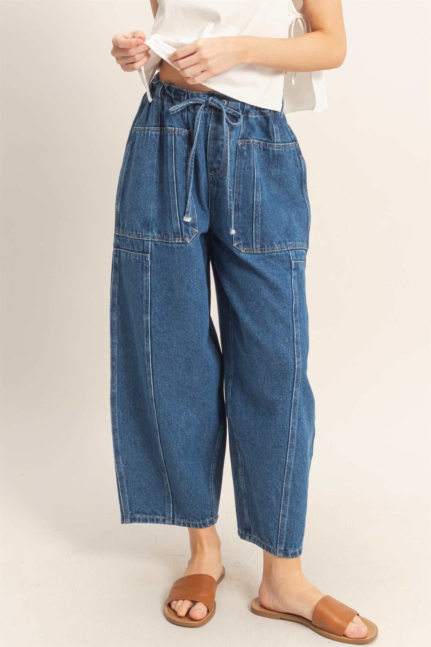 Dark Drawstring Barrel Jeans