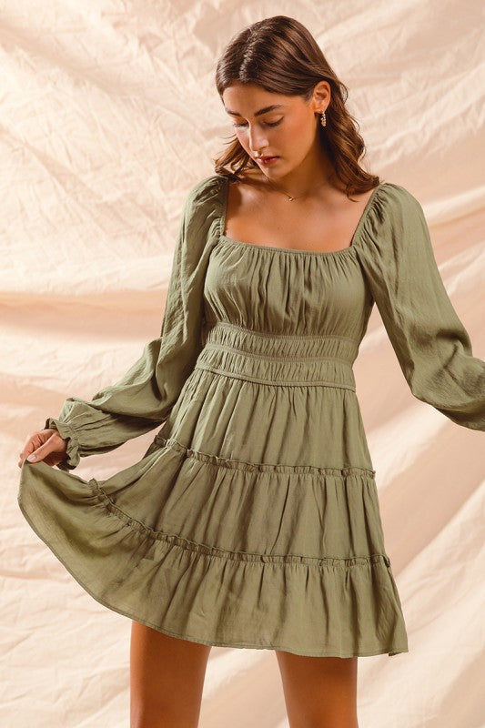 Olive Tiered Peasant Dress S