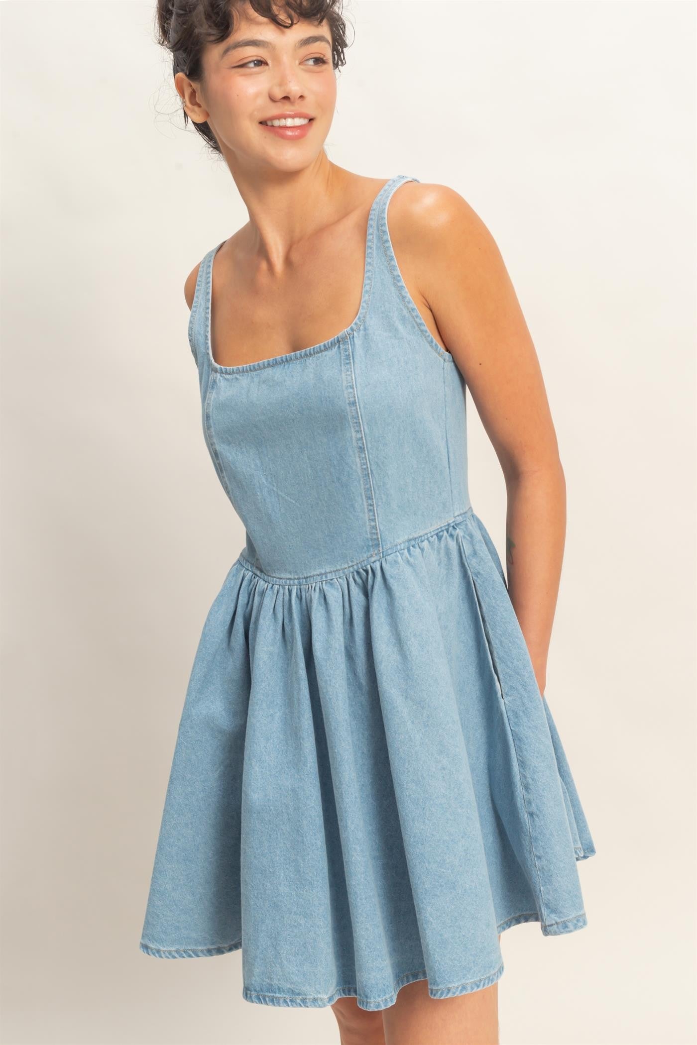 Square Denim Mini Dress – Steamer Trunk Fashion Boutique