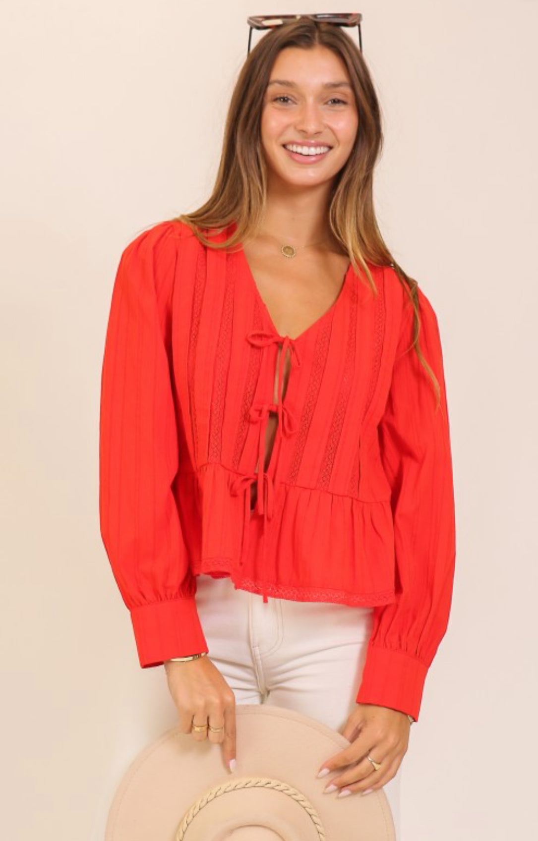 Red Long Sleeve Tie Blouse