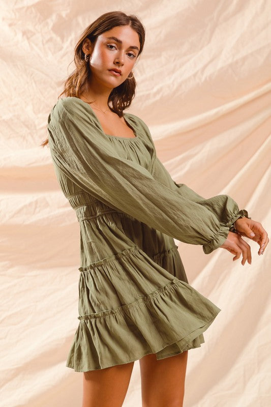 Olive Tiered Peasant Dress