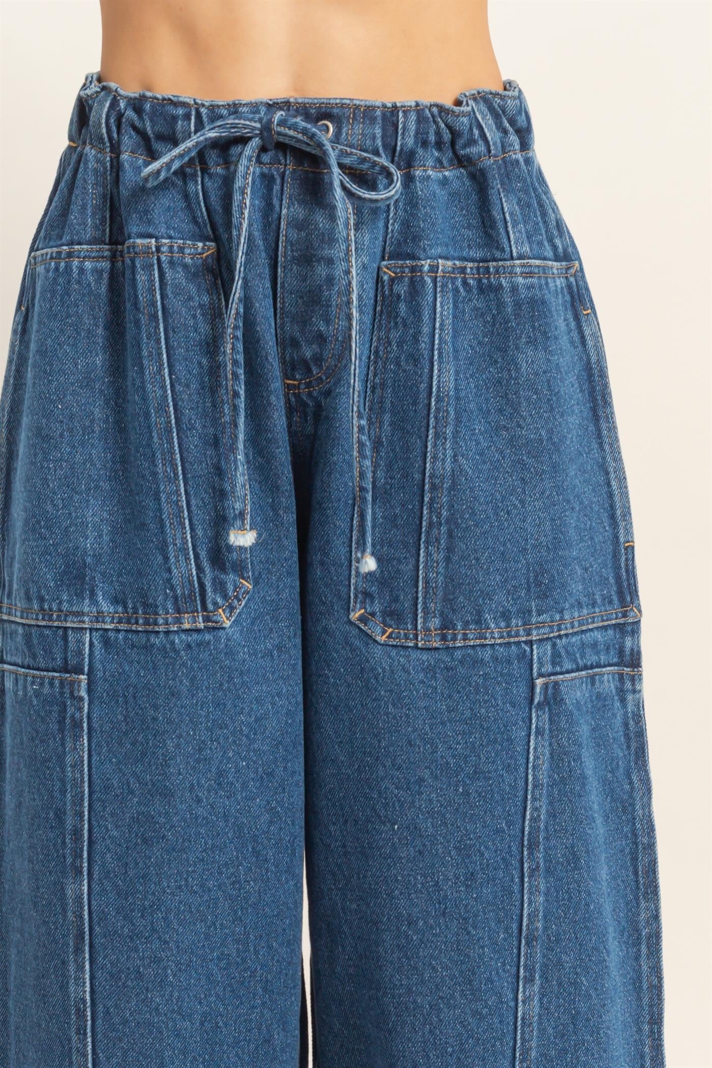 Dark Drawstring Barrel Jeans