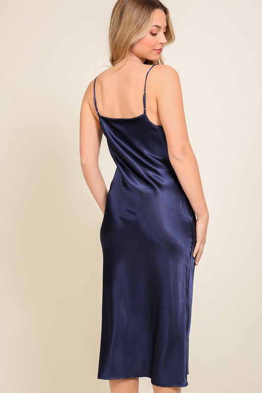 Navy Satin Cowl Dress