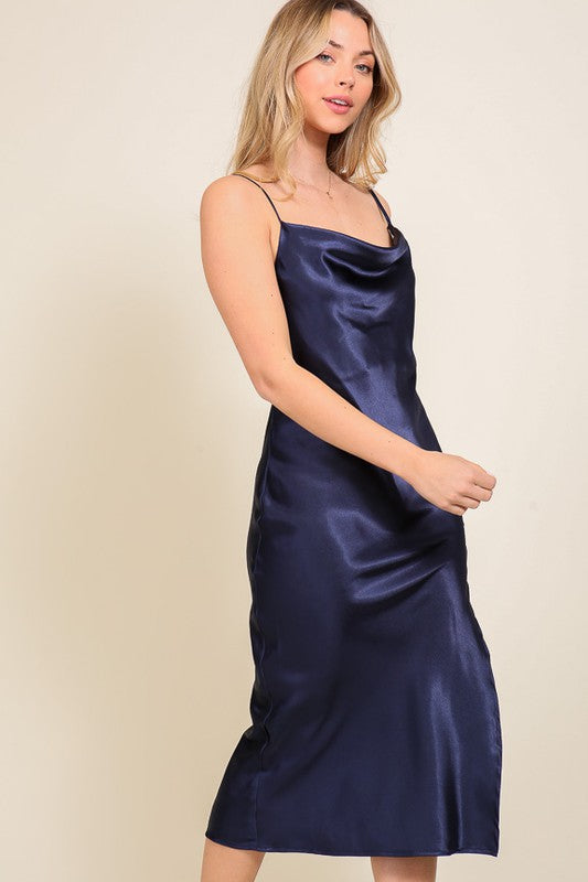 Navy Satin Cowl Dress