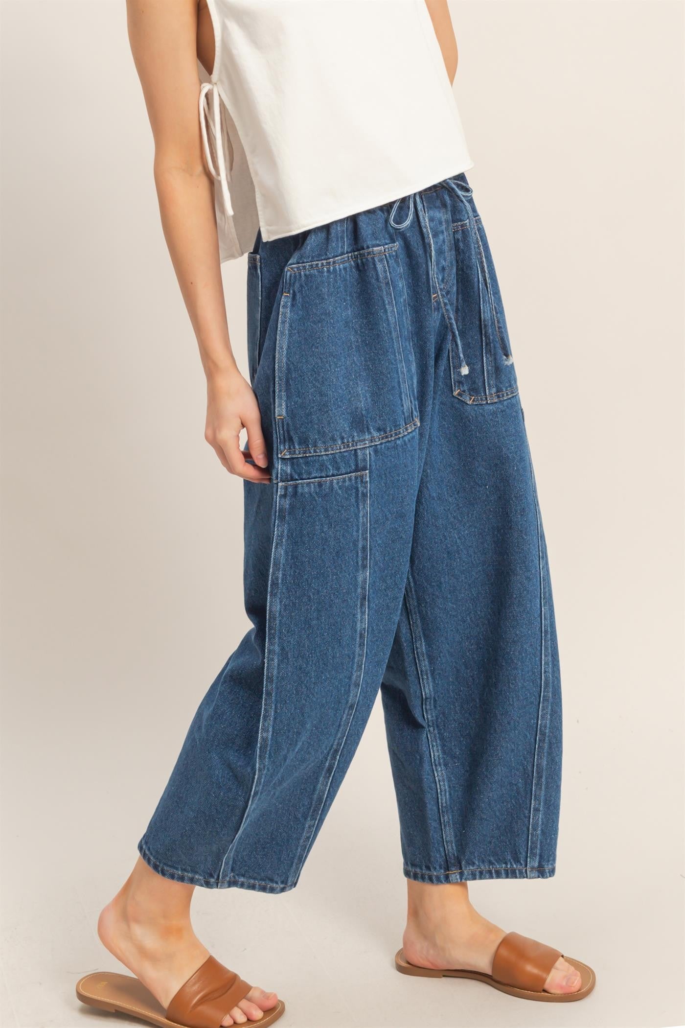 Dark Drawstring Barrel Jeans