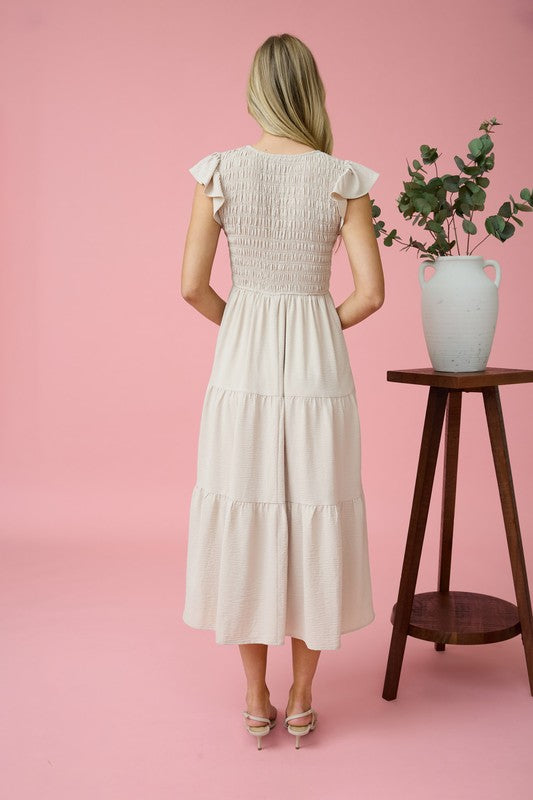 Khaki Flutter Cap Midi Dress
