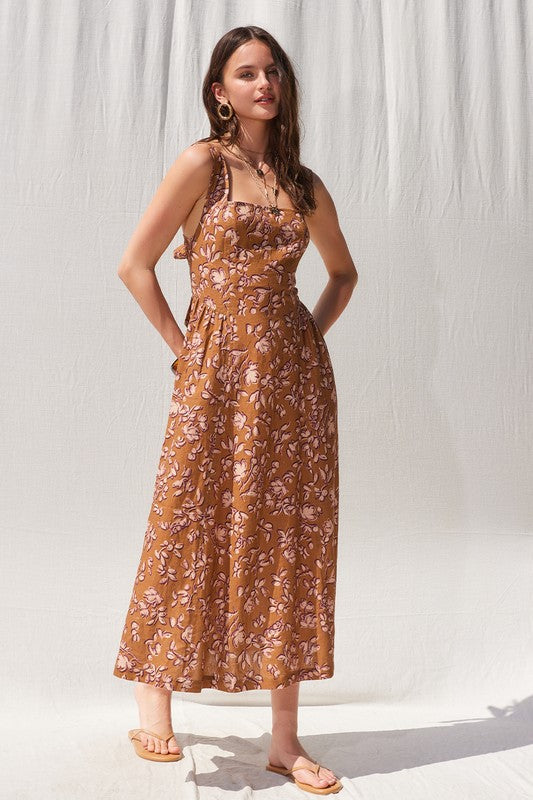 Camel Linen Floral Dress