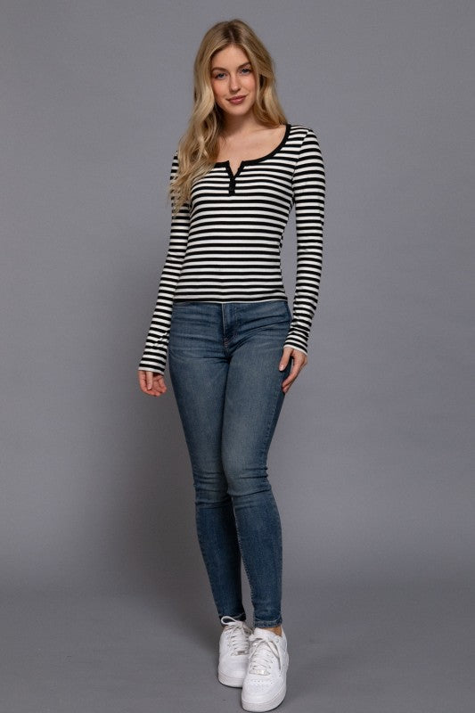 Scoop Stripe Button Top