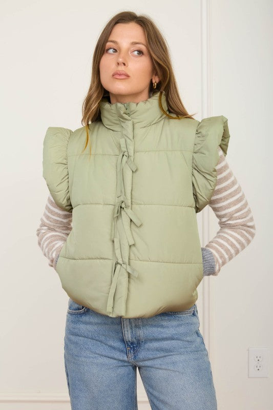 Olive Bow Puff Vest