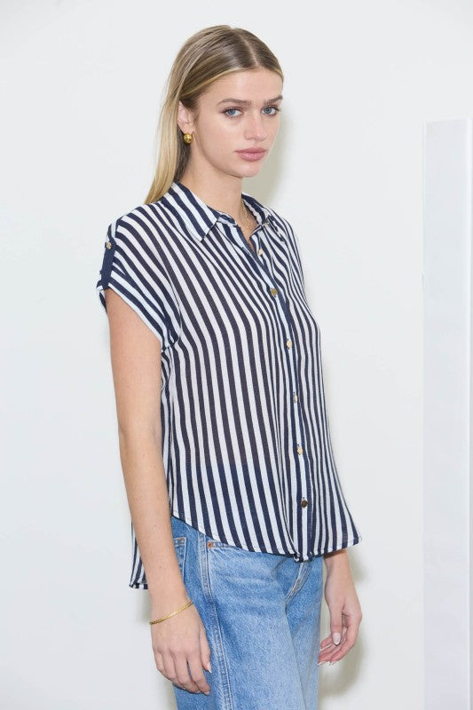 Navy Striped Button Up