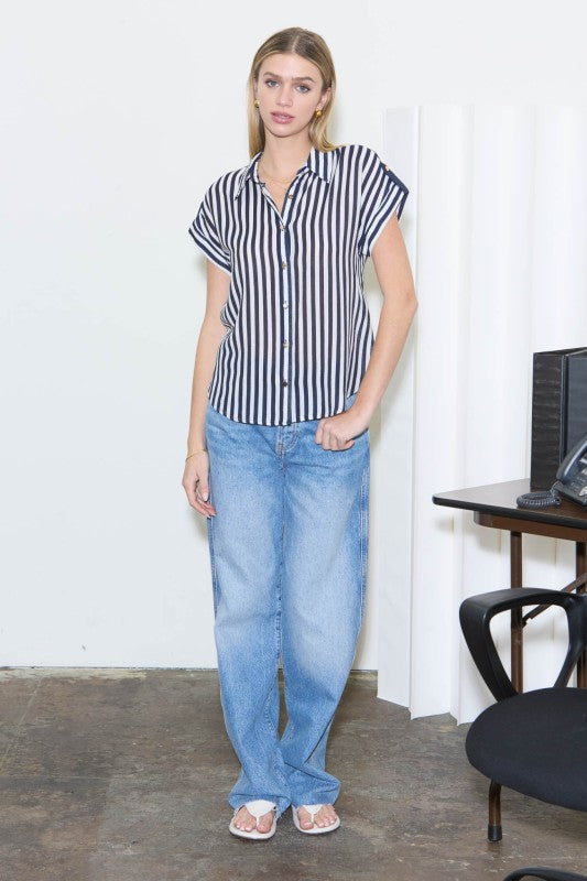 Navy Striped Button Up