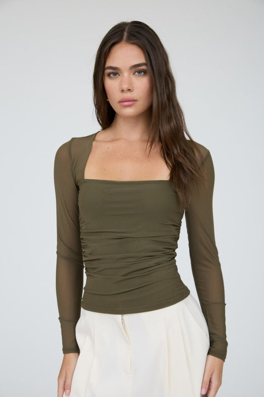 Square Neck Mesh Long Sleeve