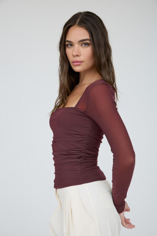 Square Neck Mesh Long Sleeve