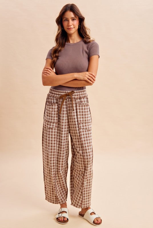 Brown Check Barrel Pants