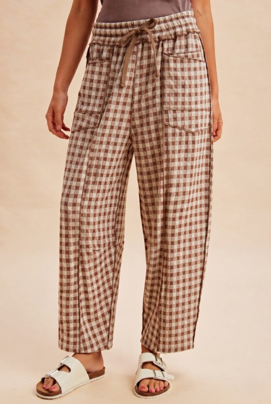 Brown Check Barrel Pants