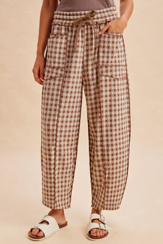 Brown Check Barrel Pants