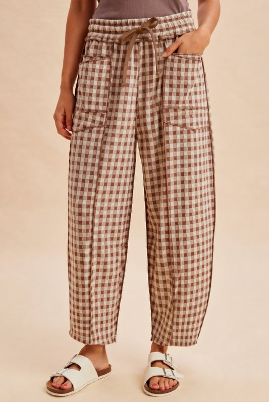Brown Check Barrel Pants