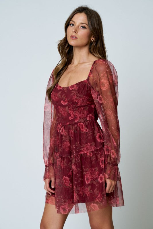 Burgundy Floral Chiffon Dress