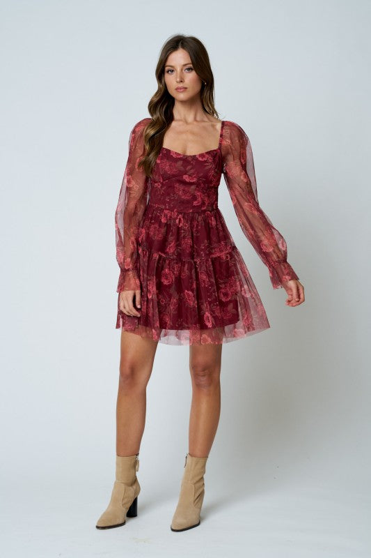 Burgundy Floral Chiffon Dress