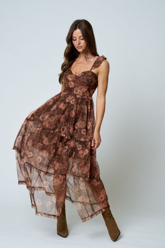 Brown Floral Tiered Dress