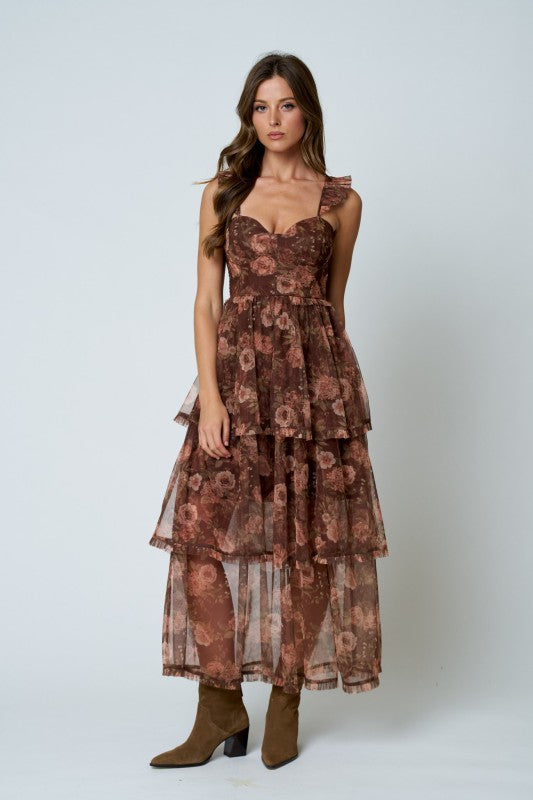Brown Floral Tiered Dress