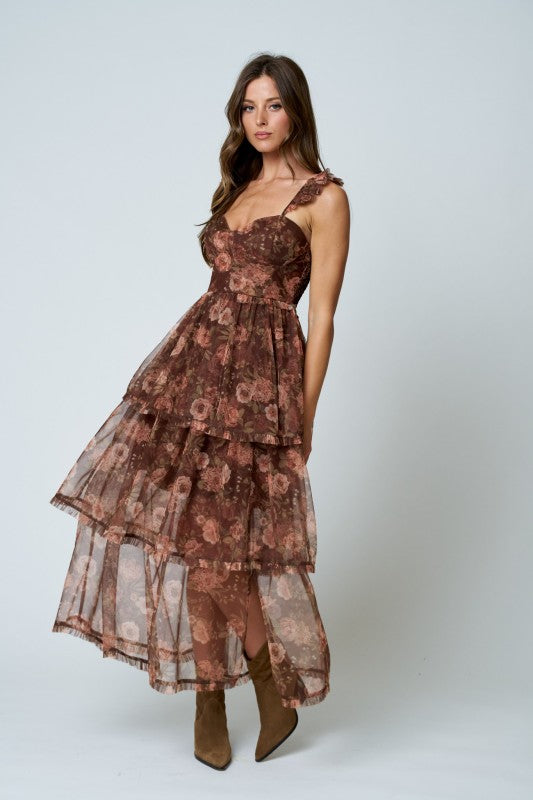 Brown Floral Tiered Dress