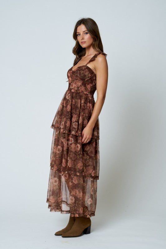 Brown Floral Tiered Dress