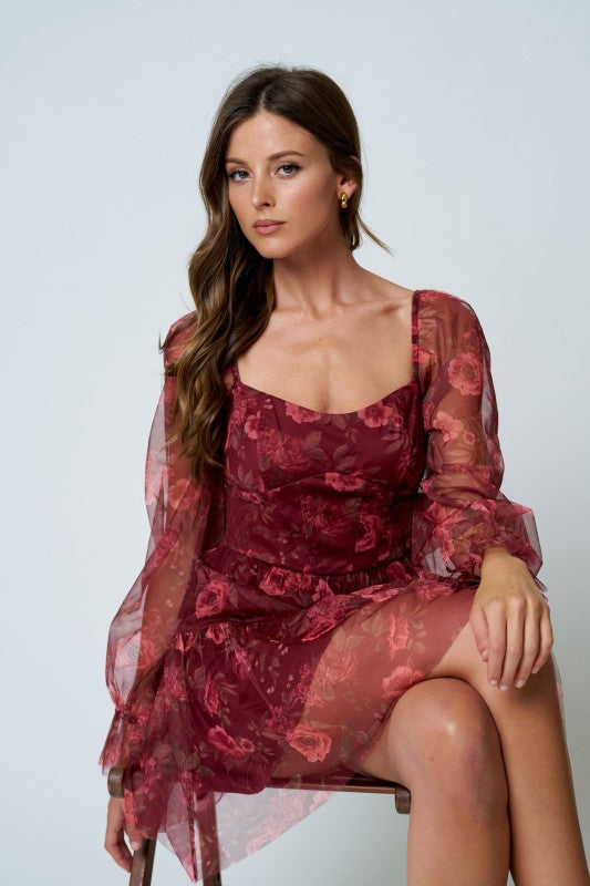 Burgundy Floral Chiffon Dress