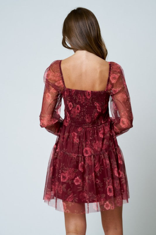 Burgundy Floral Chiffon Dress