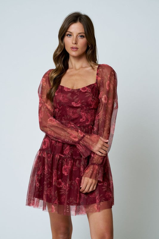 Burgundy Floral Chiffon Dress