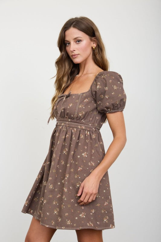 Brown Puff Sleeve Mini Dress