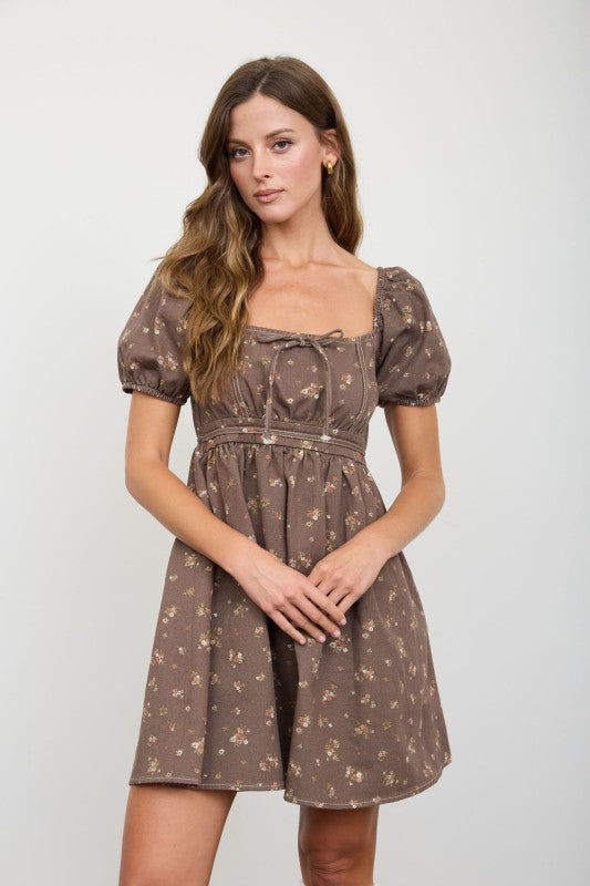Brown Puff Sleeve Mini Dress