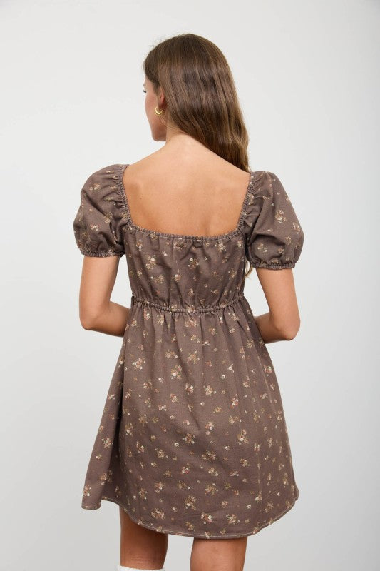 Brown Puff Sleeve Mini Dress