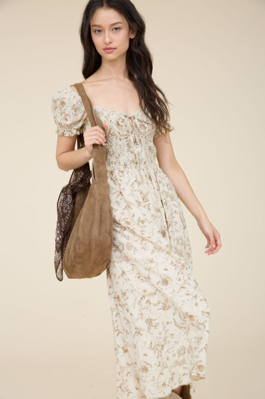 Cream Khaki Floral Dress