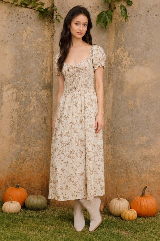 Cream Khaki Floral Dress