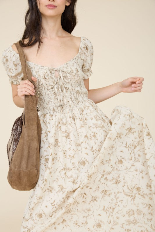 Cream Khaki Floral Dress
