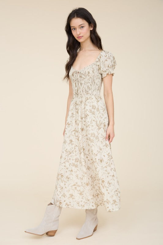 Cream Khaki Floral Dress