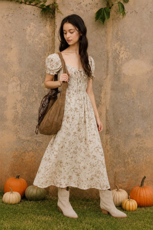 Cream Khaki Floral Dress