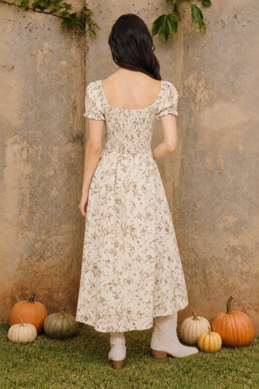 Cream Khaki Floral Dress