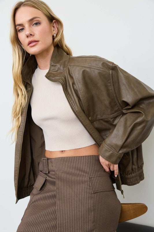 Olive Faux Leather Bomber Jacket